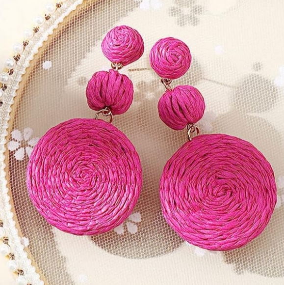 Chunky Dark Pink Rattan Earrings Wicker Bold Retro Raffia Dangle 80s 90s New - Picture 2 of 8